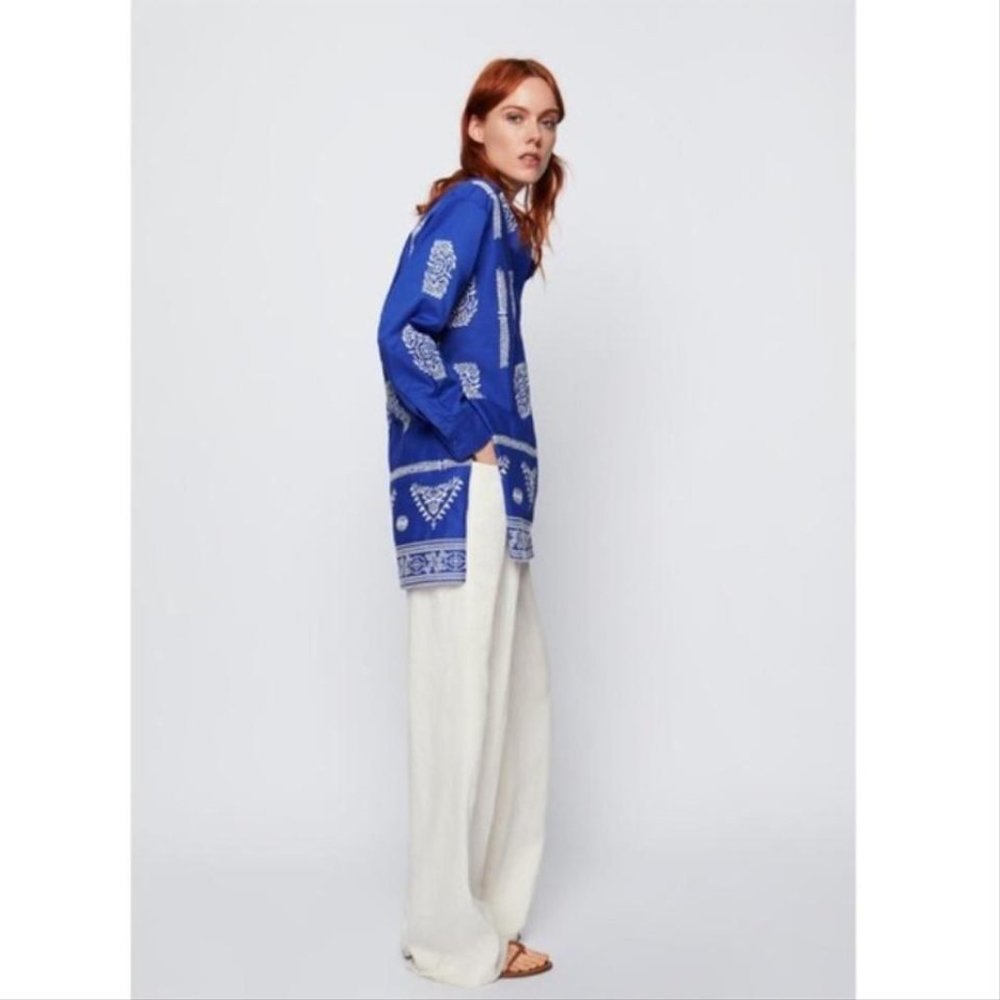 ZARA Embroidered Cotton Tunic Hi Lo Hem Blue with White Sz L/XL - Picture 7 of 13